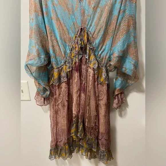 Zimmerman Realm Plunge Draw Bohemian Paisley Silk Ruffle High Low Dress Large